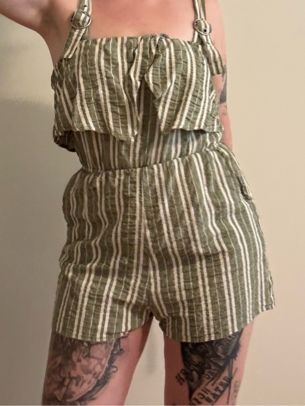 ASO Striped Olive Green Linen Romper with Tie Front